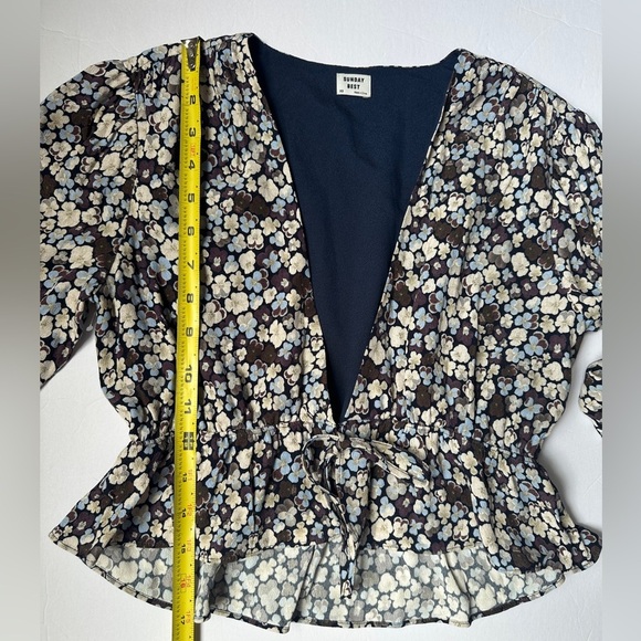 Sunday best Print Floral Women Cropped Tie Front Blue & White XS Long Sleeve - Picture 6 of 8